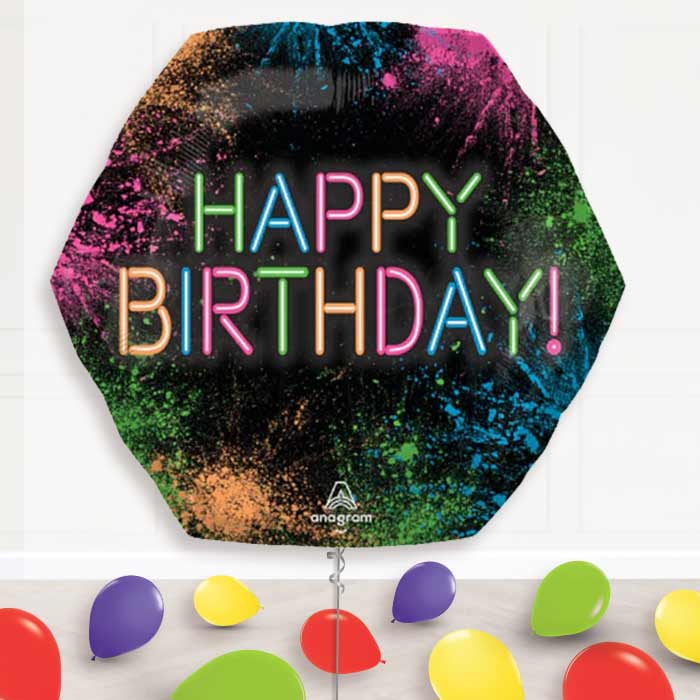 Neon Happy Birthday Balloon Display Package Delivered - Supershape Balloon | Party Save Smile