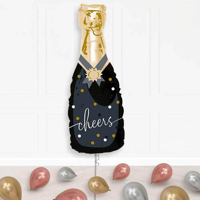 Cheers Black and Gold Bottle of Fizz Balloon Display Package Delivered Inflated | Supershape Balloon | Party Save Smile