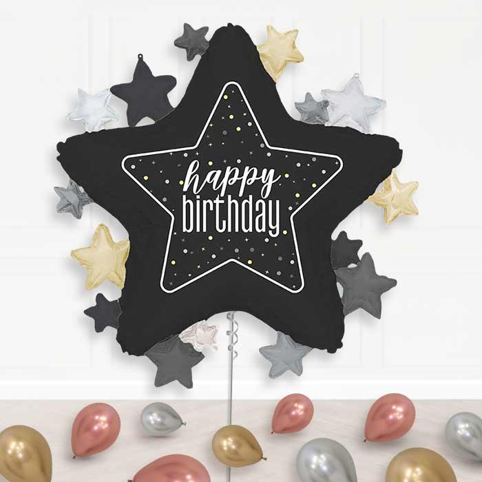 Black Happy Birthday Star Balloon Display Package Delivered Inflated | Supershape Balloon | Party Save Smile