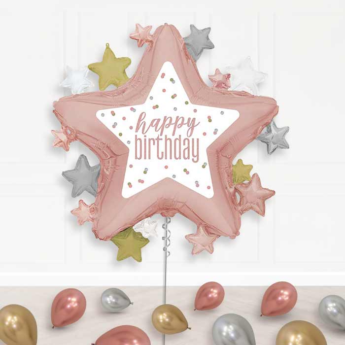 Rose Gold Happy Birthday Star Balloon Display Package Delivered Inflated | Supershape Balloon | Party Save Smile