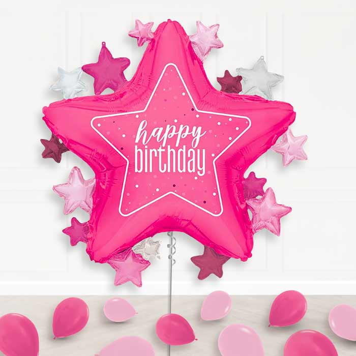 Dark Pink Happy Birthday Star Balloon Display Package Delivered Inflated | Supershape Balloon | Party Save Smile