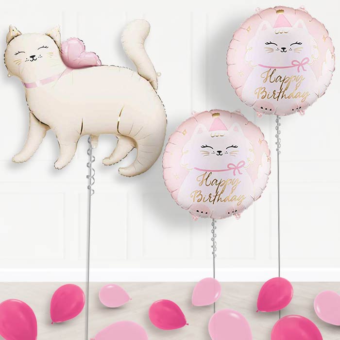 White Kitty Balloon Display Package Delivered Inflated-Balloon Package | Party Save Smile