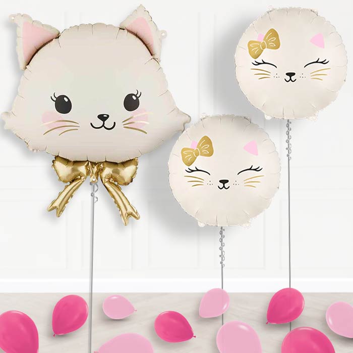 White Cat with Bow Balloon Display Package Delivered Inflated-Balloon Package | Party Save Smile