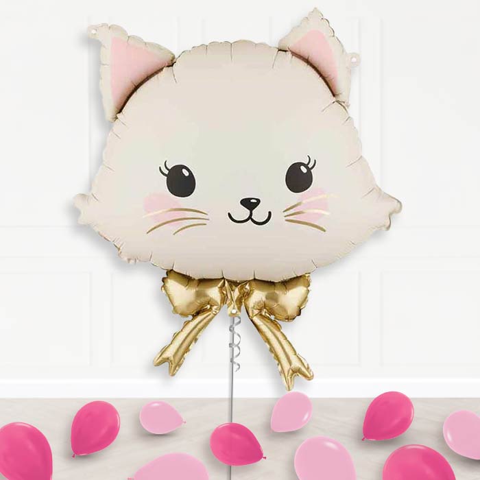 White Cat with Bow Balloon Display Package Delivered Inflated-Supershape Balloon | Party Save Smile