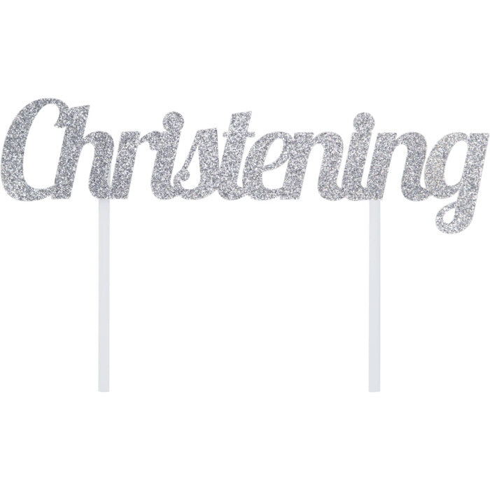 Silver Glitter Christening Cake Topper | Decoration