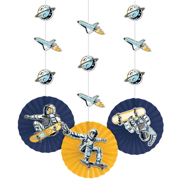 Space Skateboard Hanging Fan Decorations Pack of 3 | Party Save Smile