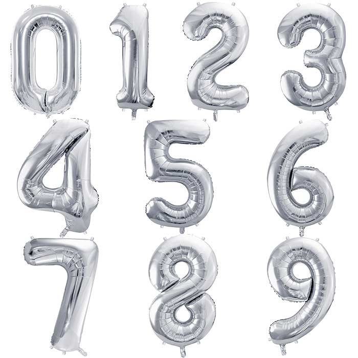 Silver Number Balloons 0-9 - 28 Inches | Party Save Smile