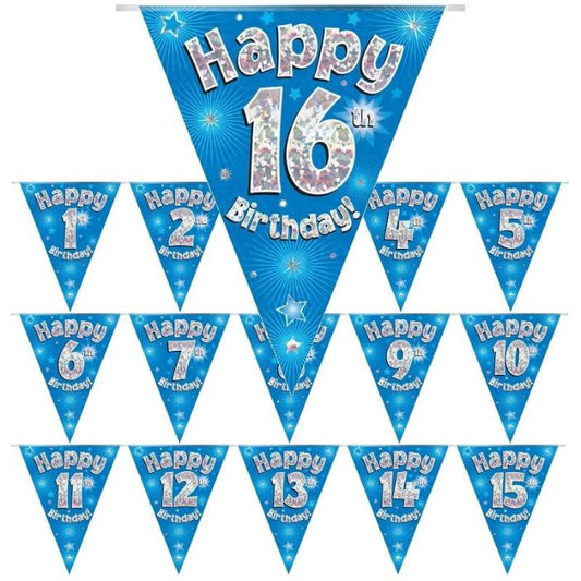 Blue Happy Birthday Bunting - Age 1-16 - 3.9 Metres | Party Save Smile