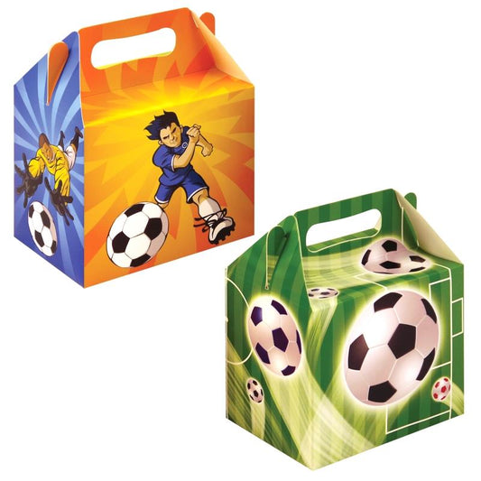 Football party boxes with assorted football players and colours.