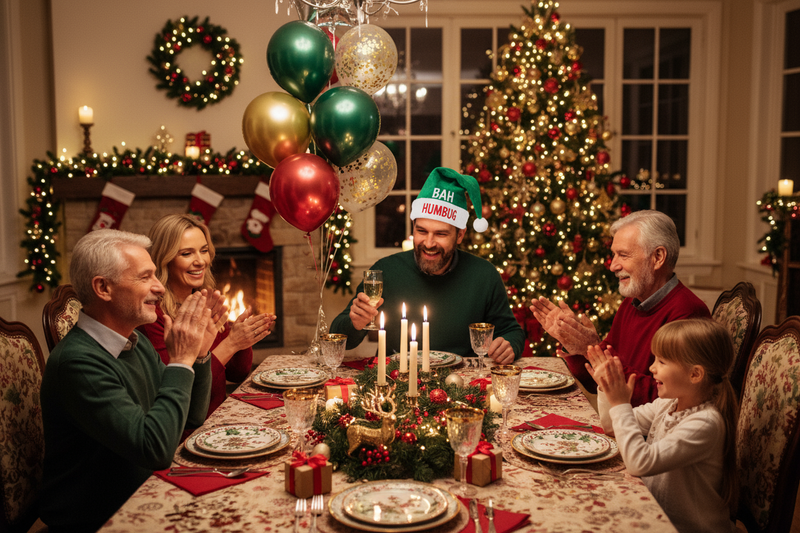Christmas scene focussed on a happy smiling family sat around a dining table decorated with christmas tableware and christmas party decorations and christmas balloons. Ensure one person is wearing a bah humbug hat.