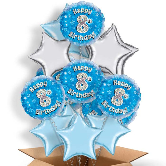 Happy 8th Birthday Blue Stars Helium Balloon in a Box