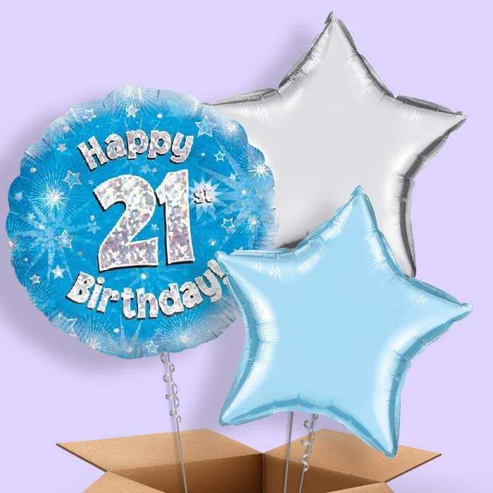 Happy 21st Birthday Blue Stars Helium Balloon in a Box