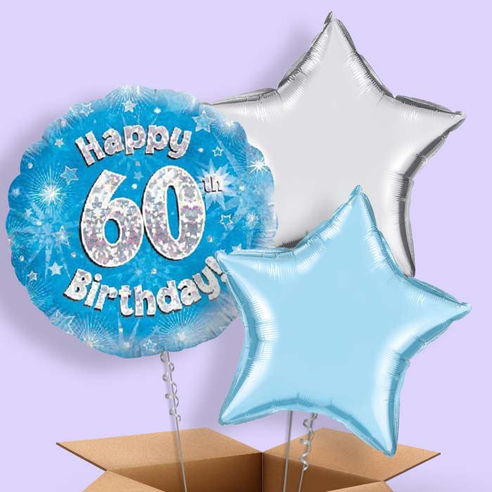 Happy 60th Birthday Blue Stars Helium Balloon in a Box