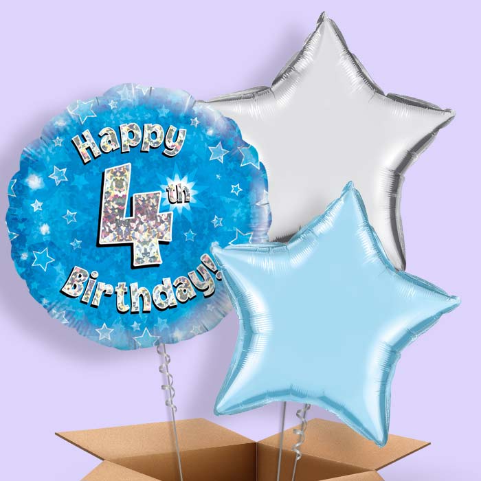 Happy 4th Birthday Blue Stars Balloon in a Box - Party Save Smile