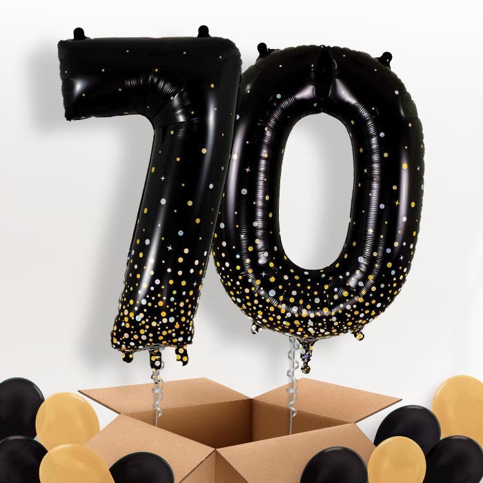 Black and Gold 70 Balloons in a Box - Click Save Smile